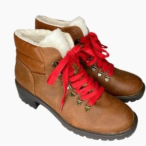 Sugar Women's Marisol Fuzzy Lug Sole  Brown Hiker Boots with Red Laces